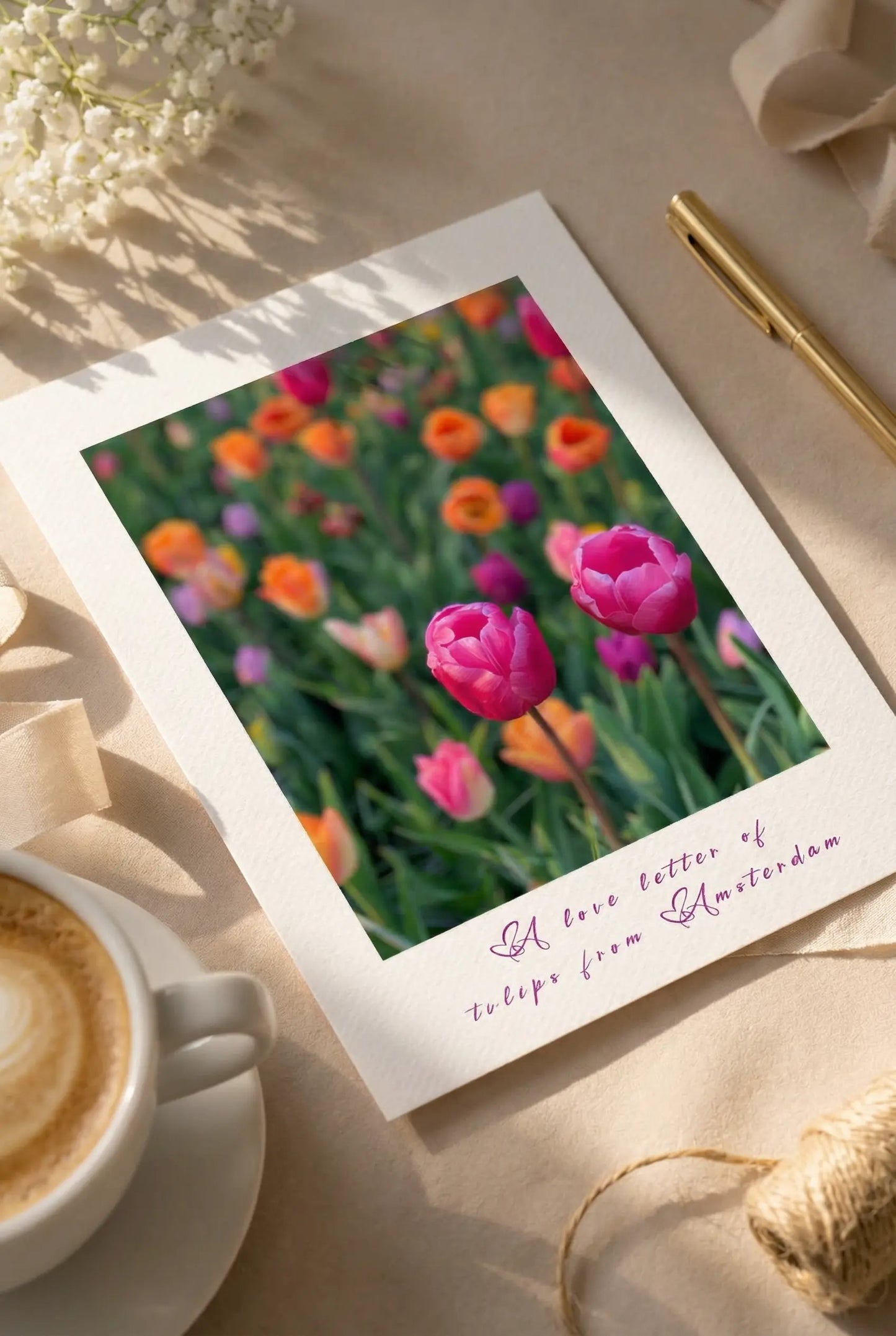 Tulips from Amsterdam postcard styled with stationery and floral accents.