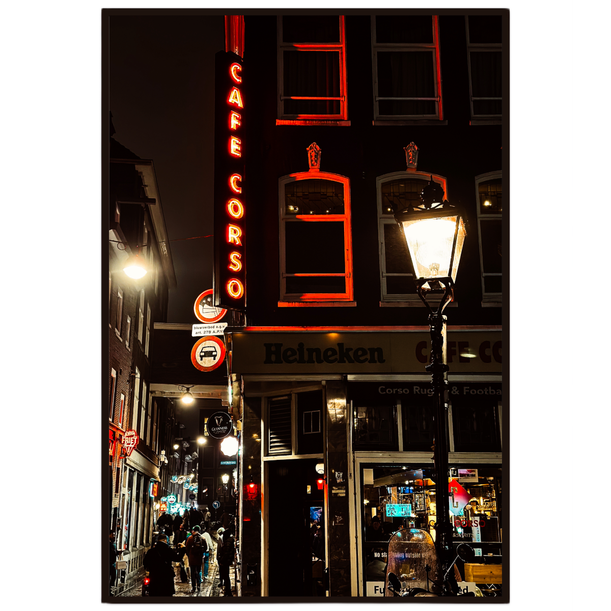 Amsterdam wall art capturing city lights and nightlife after dark.
