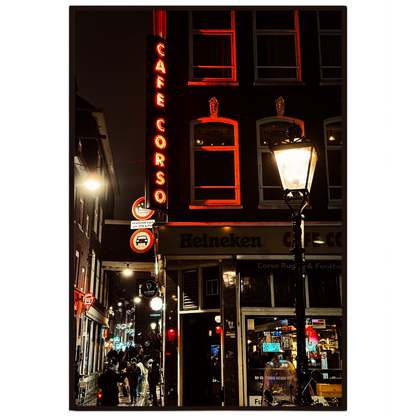 Amsterdam wall art capturing city lights and nightlife after dark.