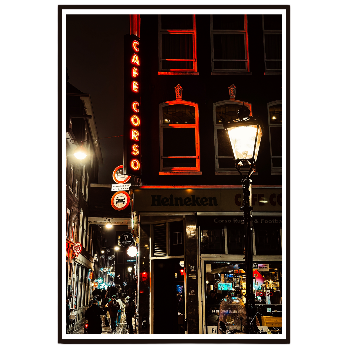 Amsterdam wall art capturing city lights and nightlife after dark.