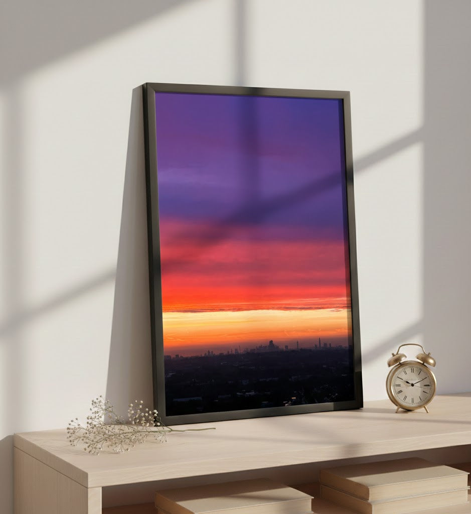 Sunset sky wall art featuring vibrant colours and a glowing horizon.