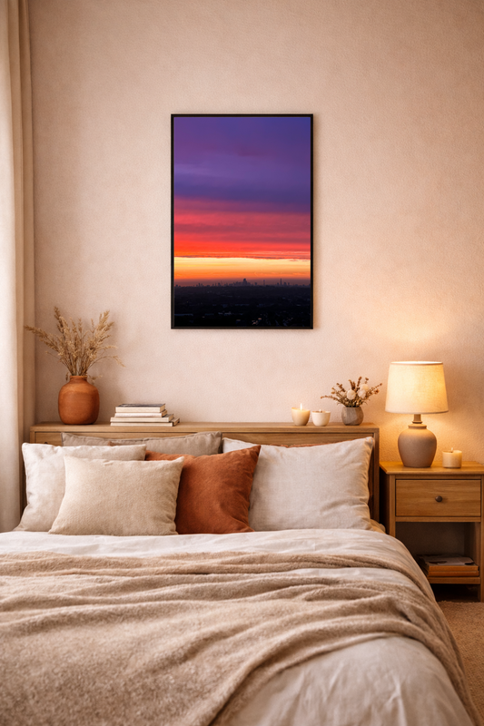 Sunset sky wall art featuring vibrant colours and a glowing horizon.