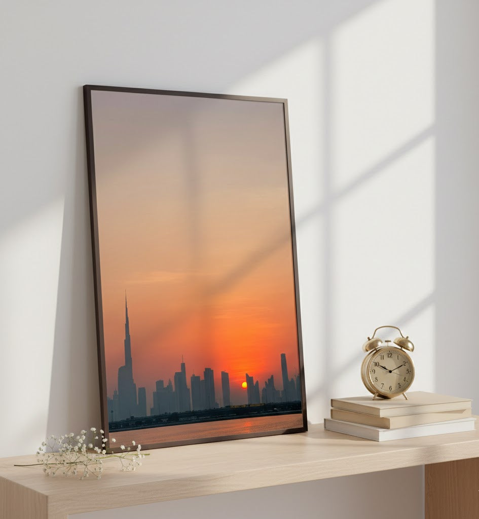 Dubai wall art featuring a dramatic sunset over the city skyline.