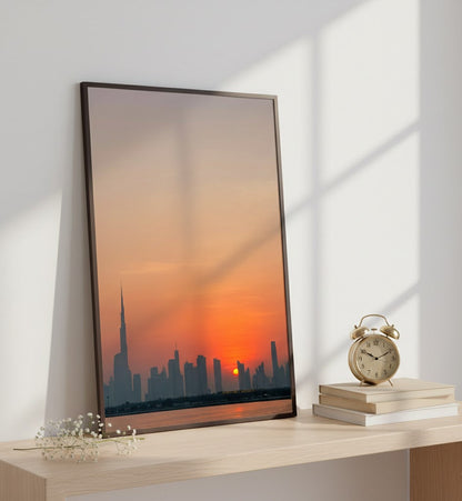 Dubai wall art featuring a dramatic sunset over the city skyline.