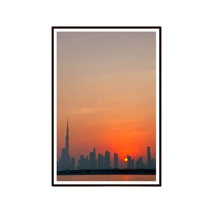 Dubai wall art featuring a dramatic sunset over the city skyline.
