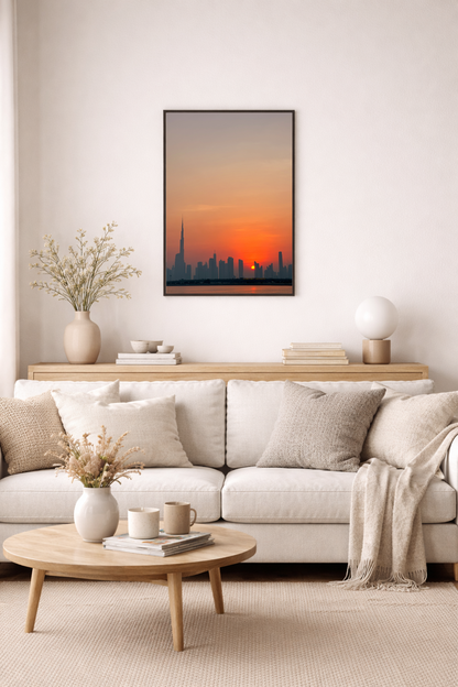 Dubai wall art featuring a dramatic sunset over the city skyline.