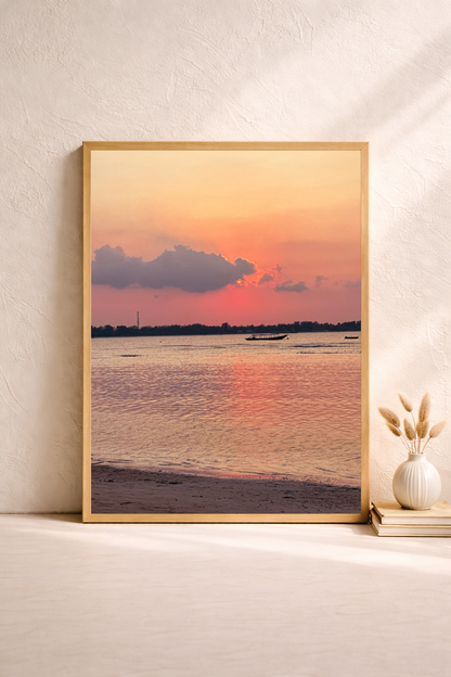 Sunset wall art featuring soft pink skies and calm waters in Gili Air, Indonesia.