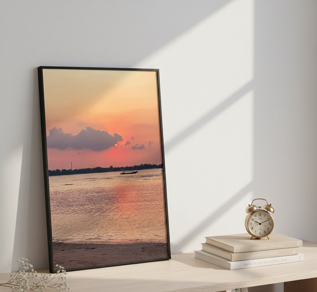 Sunset wall art featuring soft pink skies and calm waters in Gili Air, Indonesia.