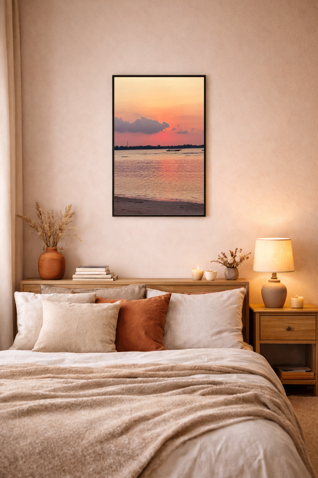 Sunset wall art featuring soft pink skies and calm waters in Gili Air, Indonesia.