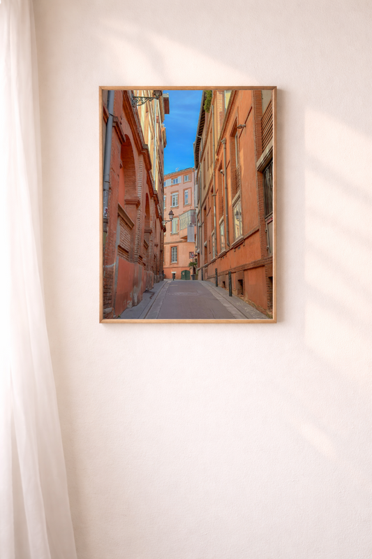 Toulouse wall art featuring warm pink architecture and a quiet French street.