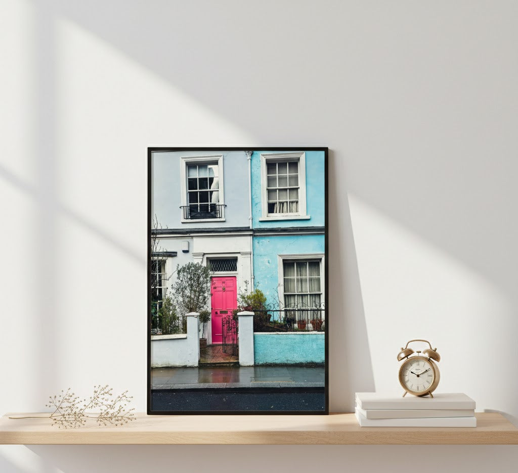 Colourful wall art featuring a bright pink door and pastel houses in London.