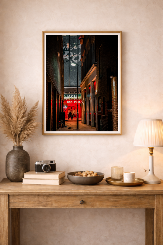 London wall art featuring a neon lit alleyway and atmospheric city nightlife.