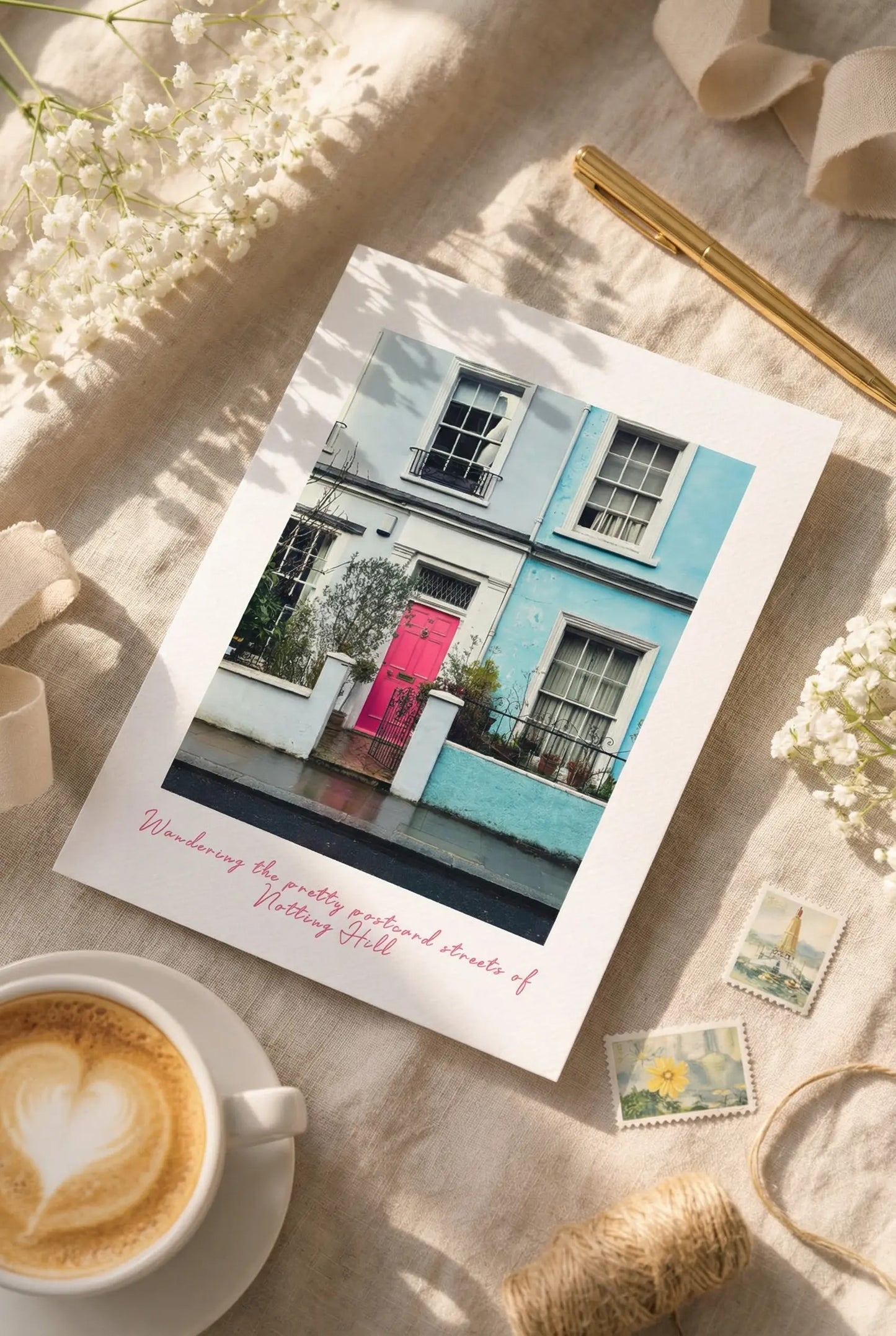 Notting Hill postcard styled with stationery and travel inspired details.
