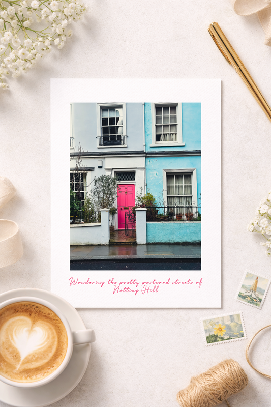 London postcard featuring colourful houses and streets in Notting Hill.
