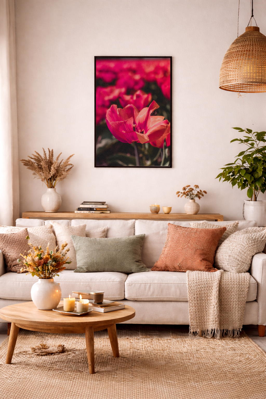 Floral wall art featuring soft peach toned tulips in bloom.