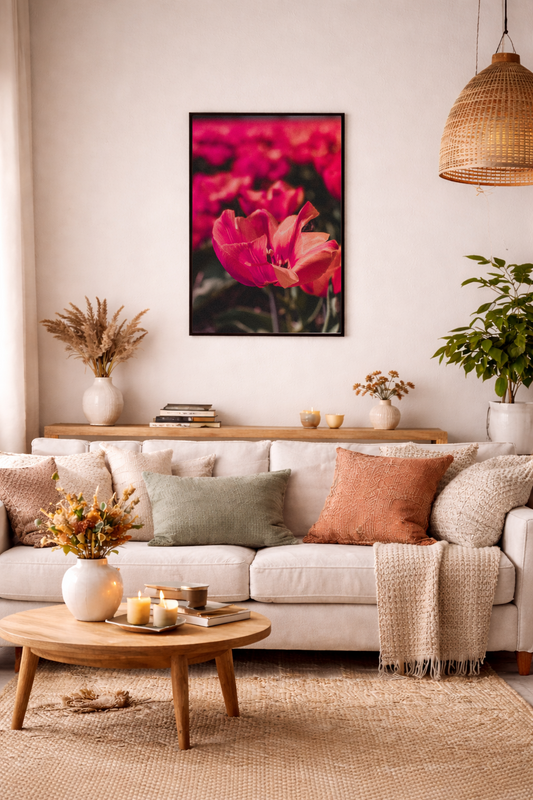 Floral wall art featuring soft peach toned tulips in bloom.