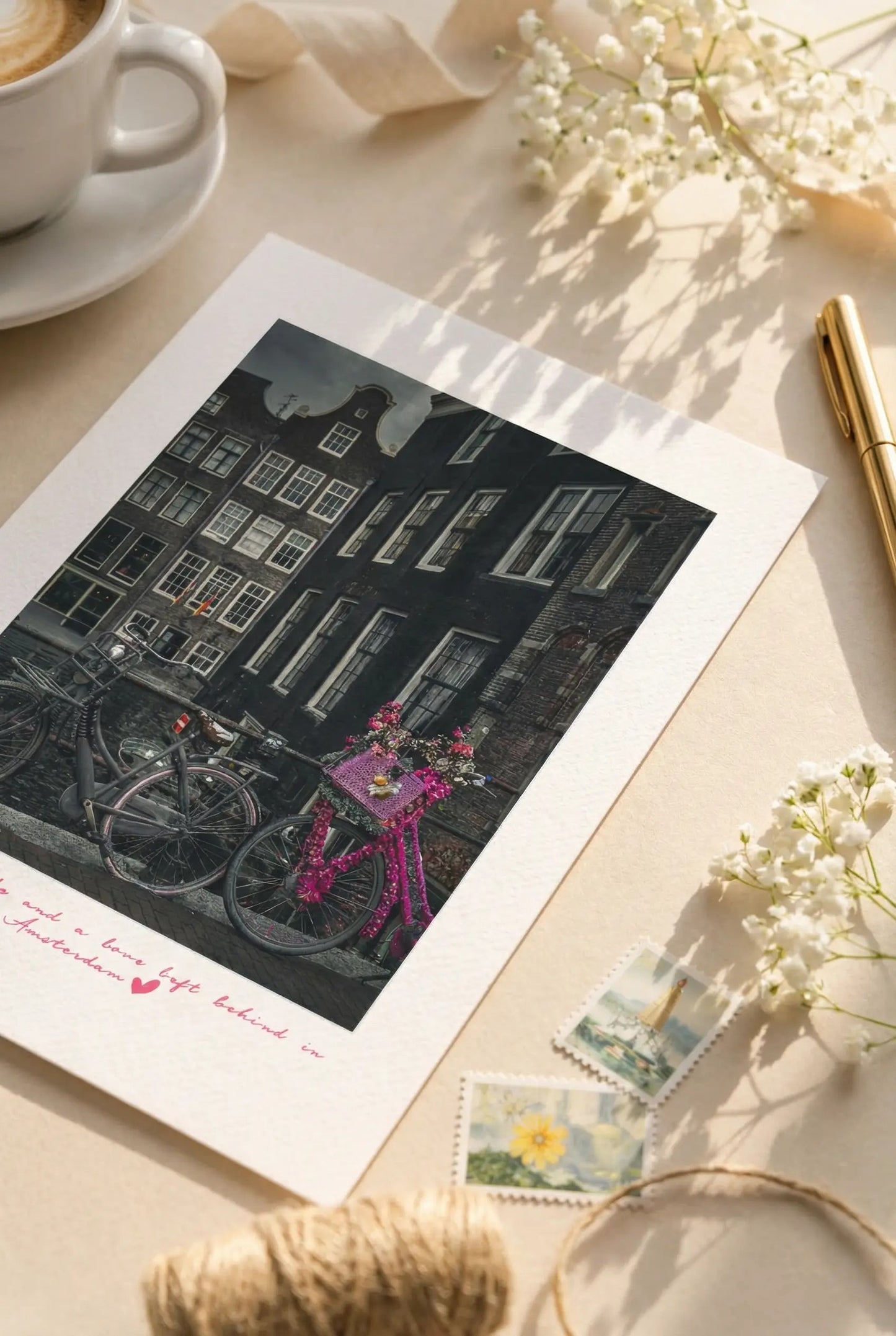 Close-up of the Pink Bicycle in Amsterdam postcard featuring Amsterdam canal side architecture.