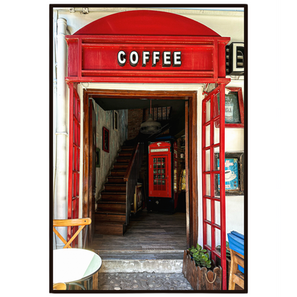 Cafe inspired wall art featuring a vibrant red entrance and charming European streetscape