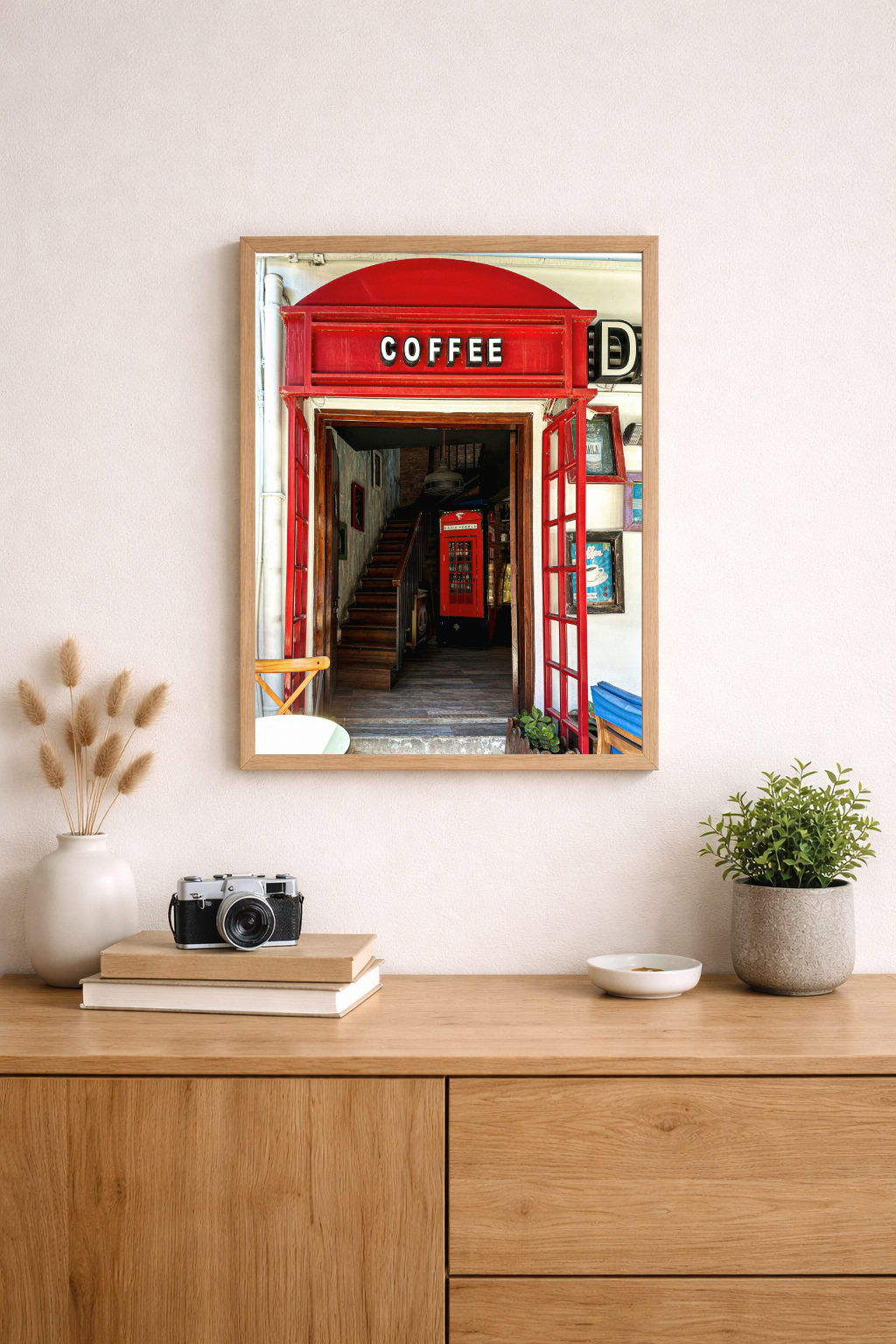 Cafe inspired wall art featuring a vibrant red entrance and charming European streetscape.