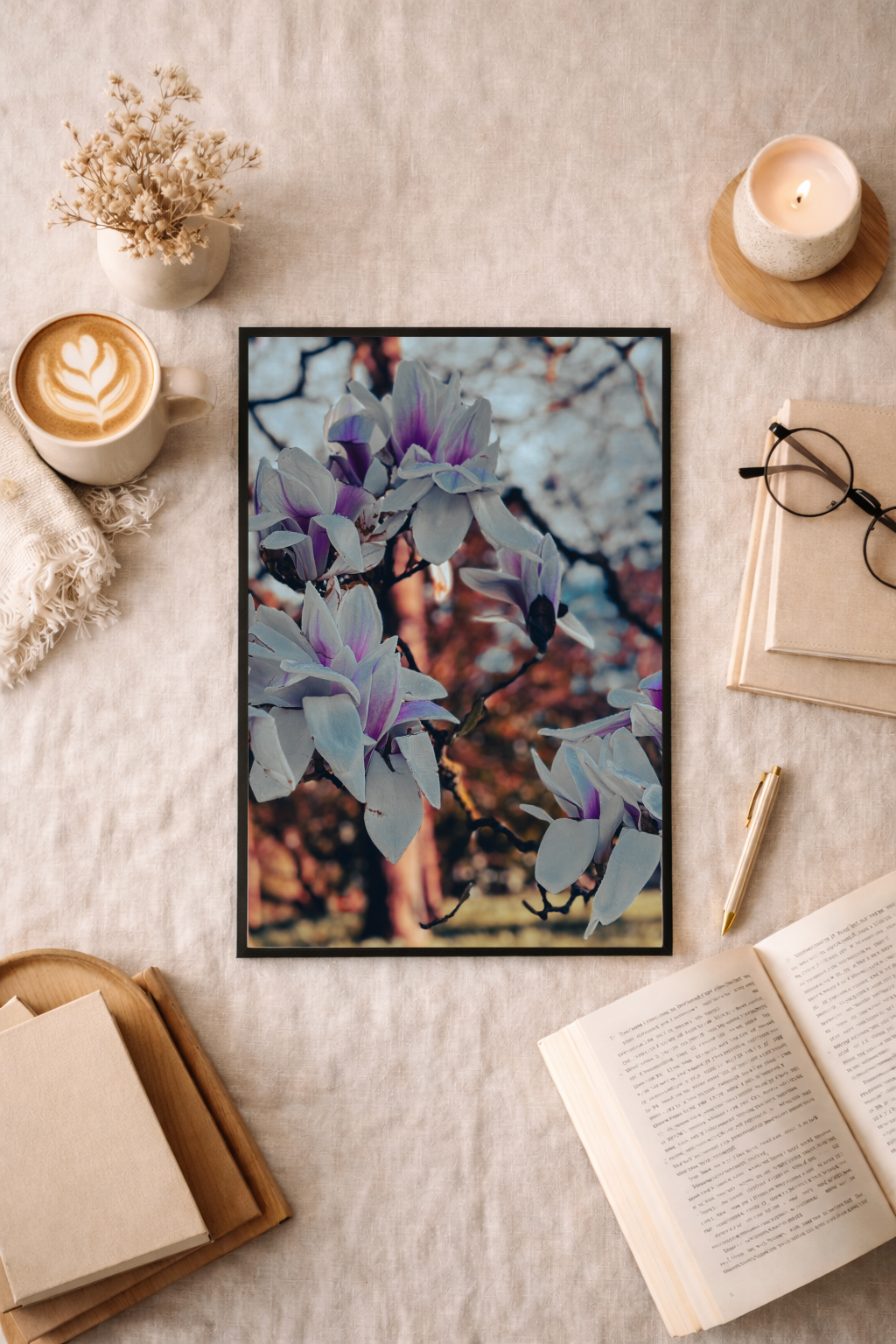 Magnolia wall art featuring delicate blossoms in soft natural light.