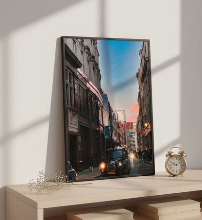London wall art capturing the atmosphere of Soho at dusk.