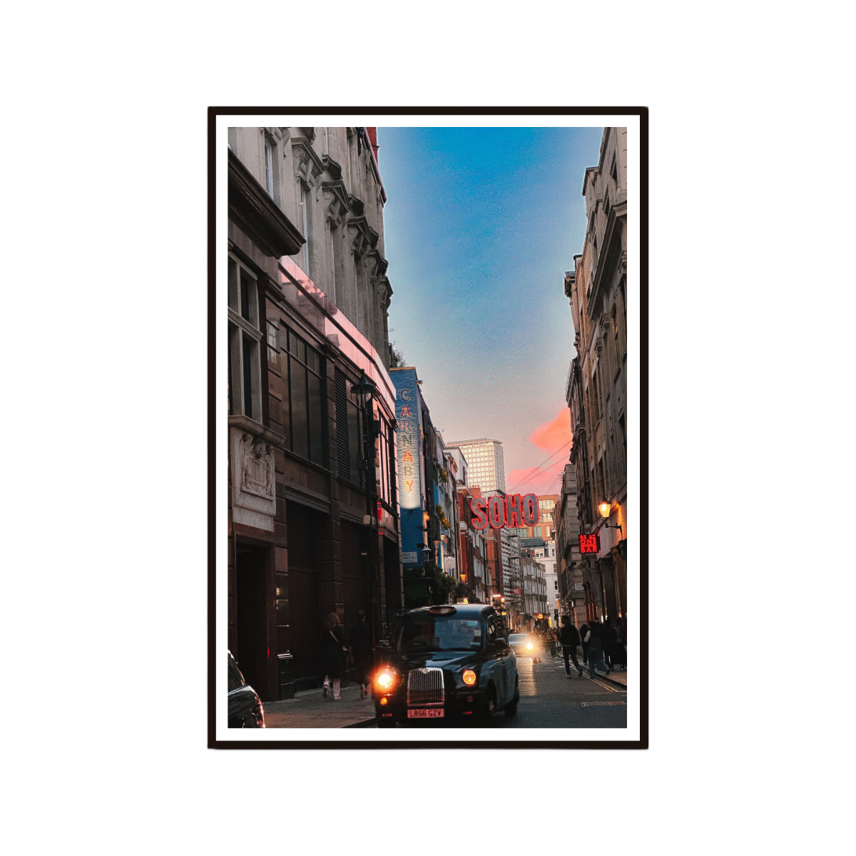 London wall art capturing the atmosphere of Soho at dusk.