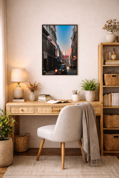 London wall art capturing the atmosphere of Soho at dusk.