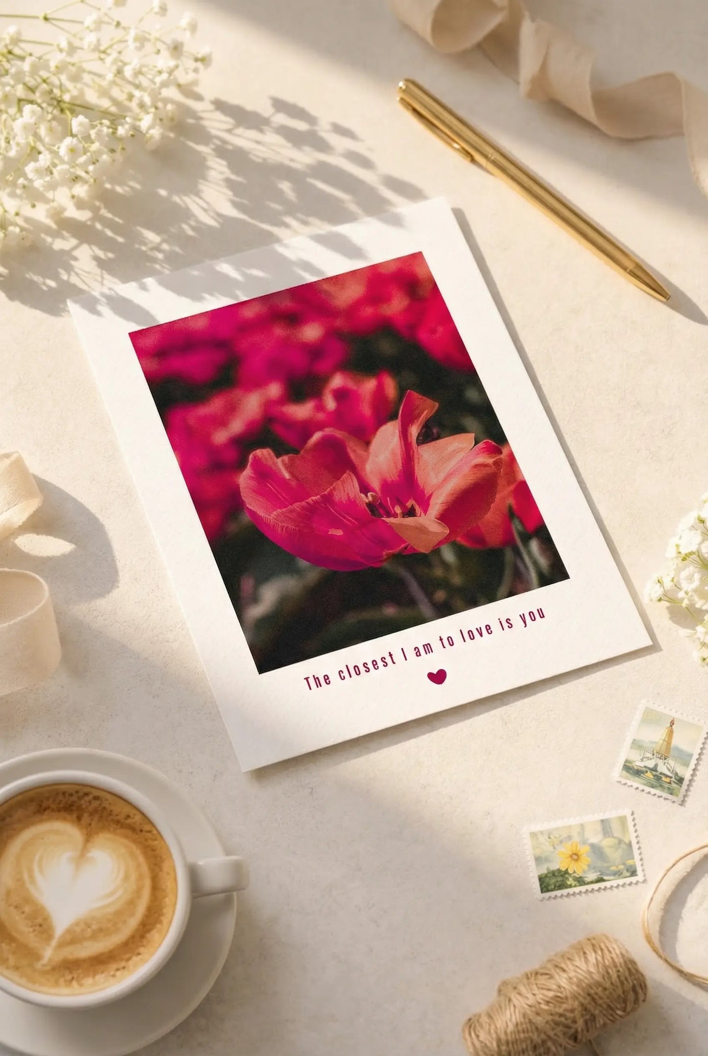 Romantic floral postcard styled with stationery and soft natural light.