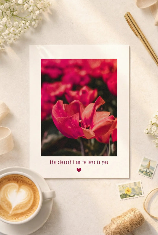Floral postcard featuring vibrant flowers and the phrase The Closest I Am to Love Is You.