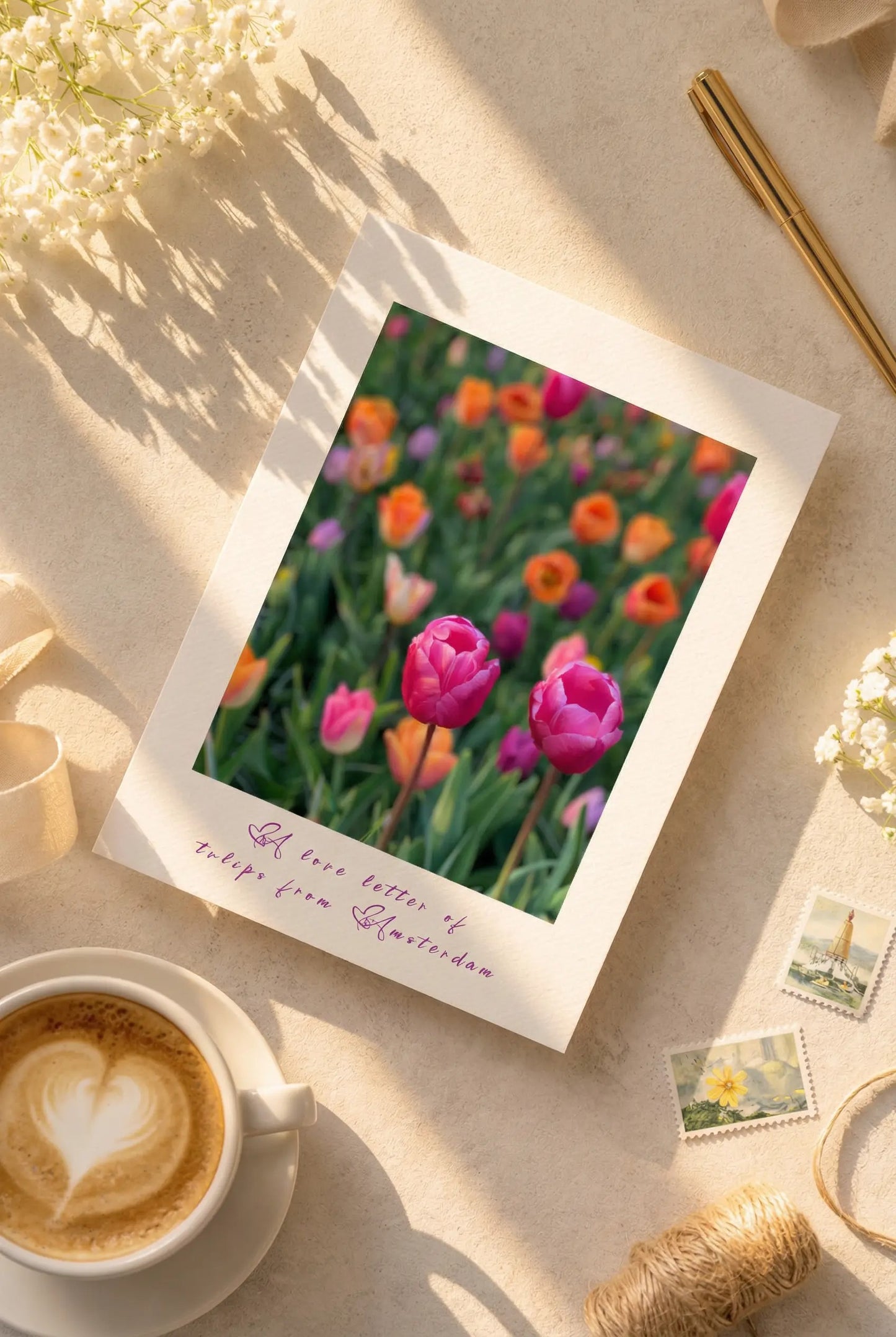 Close up of colourful tulips featured on the Tulips from Amsterdam postcard.