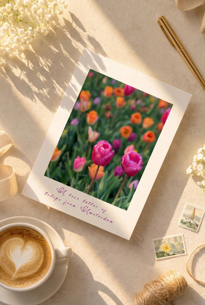Close up of colourful tulips featured on the Tulips from Amsterdam postcard.