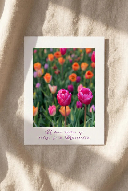 Floral postcard featuring colourful tulips inspired by Amsterdam and the Netherlands on beige linens.