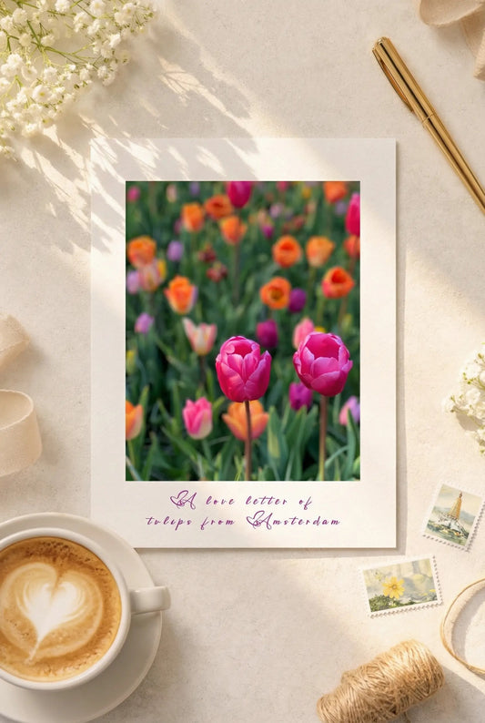 Floral postcard featuring colourful tulips inspired by Amsterdam and the Netherlands.